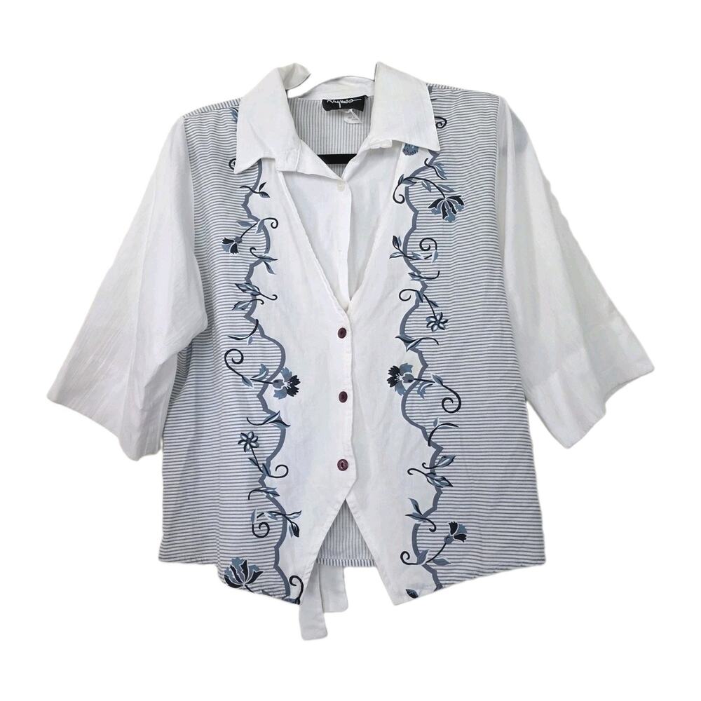 Vintage Floral Button Up Tie Back Blouse Womens M Blue White Western Boho